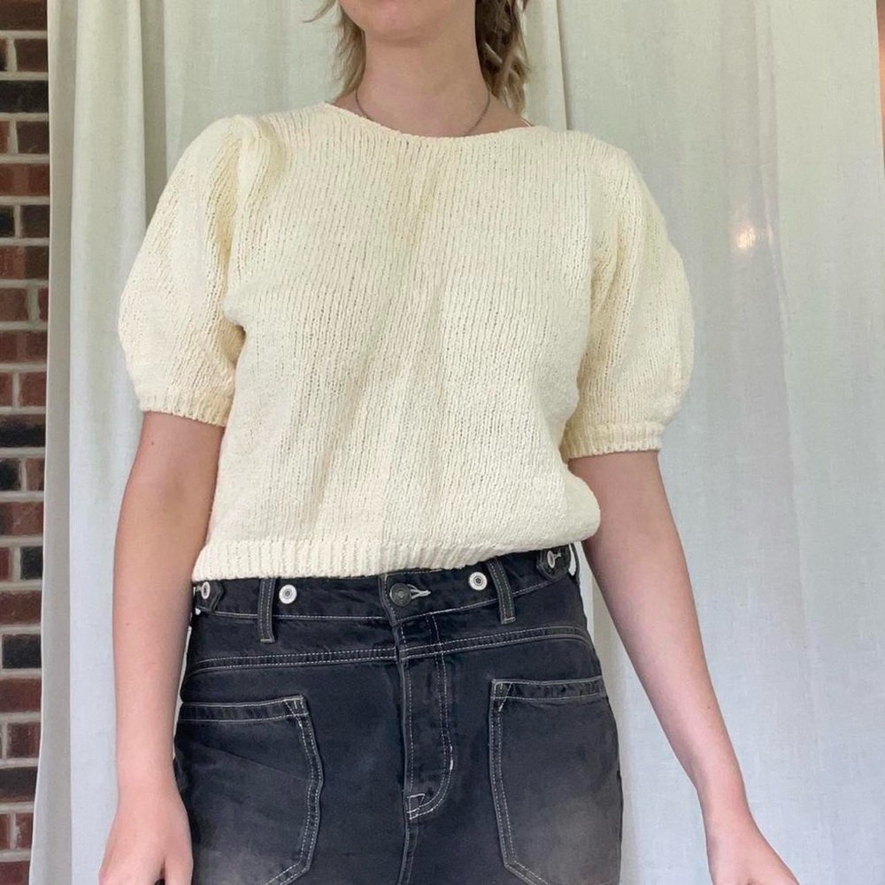 vintage yellow knit puff sleeve top blouse